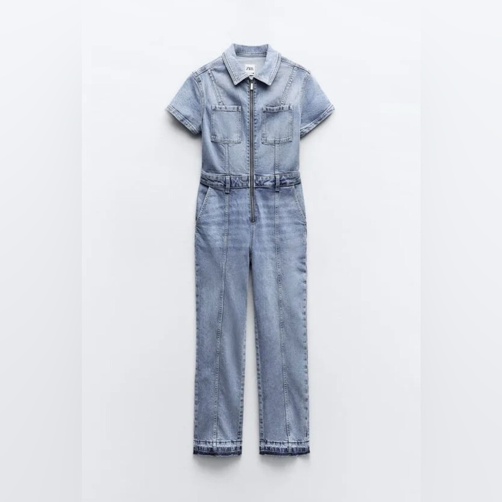 Zara Long Denim ZW Zip Up Jumpsuit Size XS